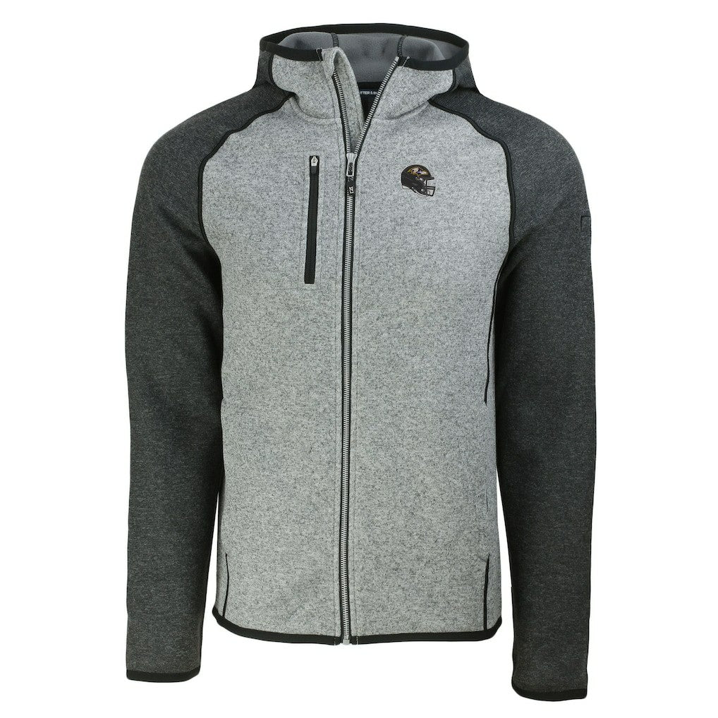 Baltimore Ravens Cutter & Buck Helmet Mainsail Sweater-Knit Full-Zip Hoodie - Heather Gray/Heather Charcoal Hoodies