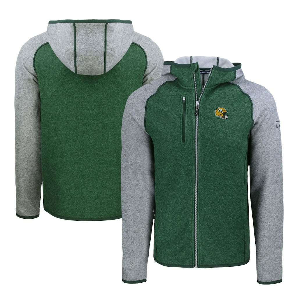 Green Bay Packers Cutter & Buck Helmet Mainsail Sweater-Knit Full-Zip Hoodie - Heather Green/Heather Gray Hoodies