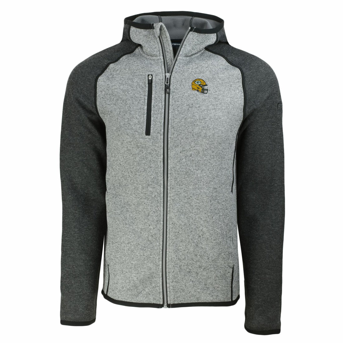 Green Bay Packers Cutter & Buck Helmet Mainsail Sweater-Knit Full-Zip Hoodie - Heather Gray/Heather Charcoal Hoodies