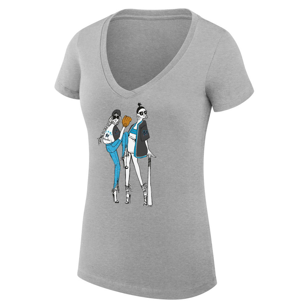 Miami Marlins G-III 4Her by Carl Banks Women's Super-Slim Fit Lightweight Baseball V-Neck T-Shirt - Heather Gray T-shirts