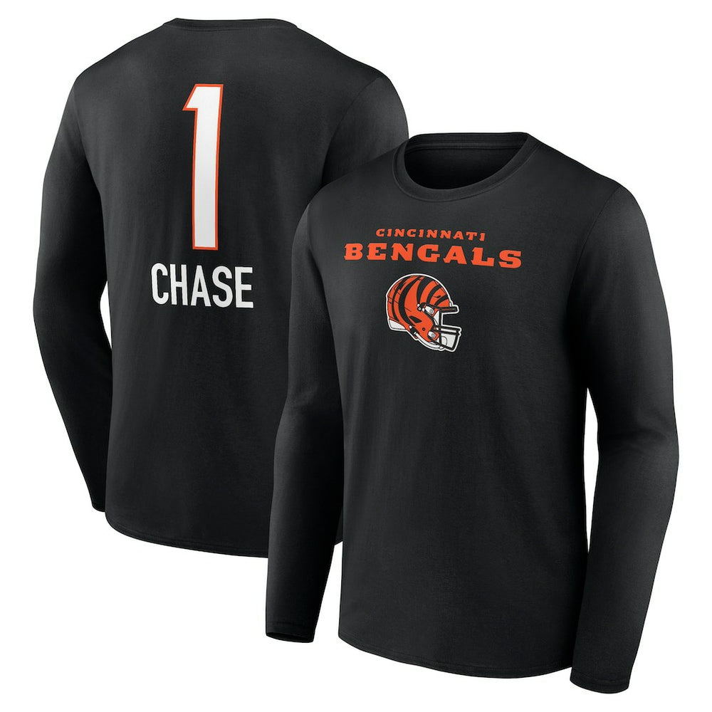 Ja'Marr Chase Cincinnati Bengals Team Wordmark Player Name & Number Long Sleeve T-Shirt - Black T-shirts