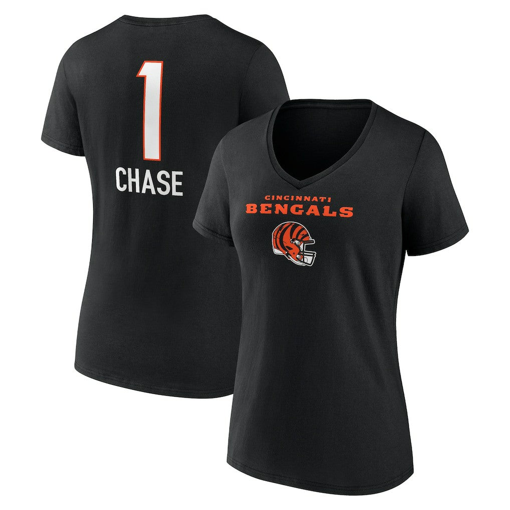 Ja'Marr Chase Cincinnati Bengals Women's Team Wordmark Player Name & Number V-Neck T-Shirt - Black T-shirts