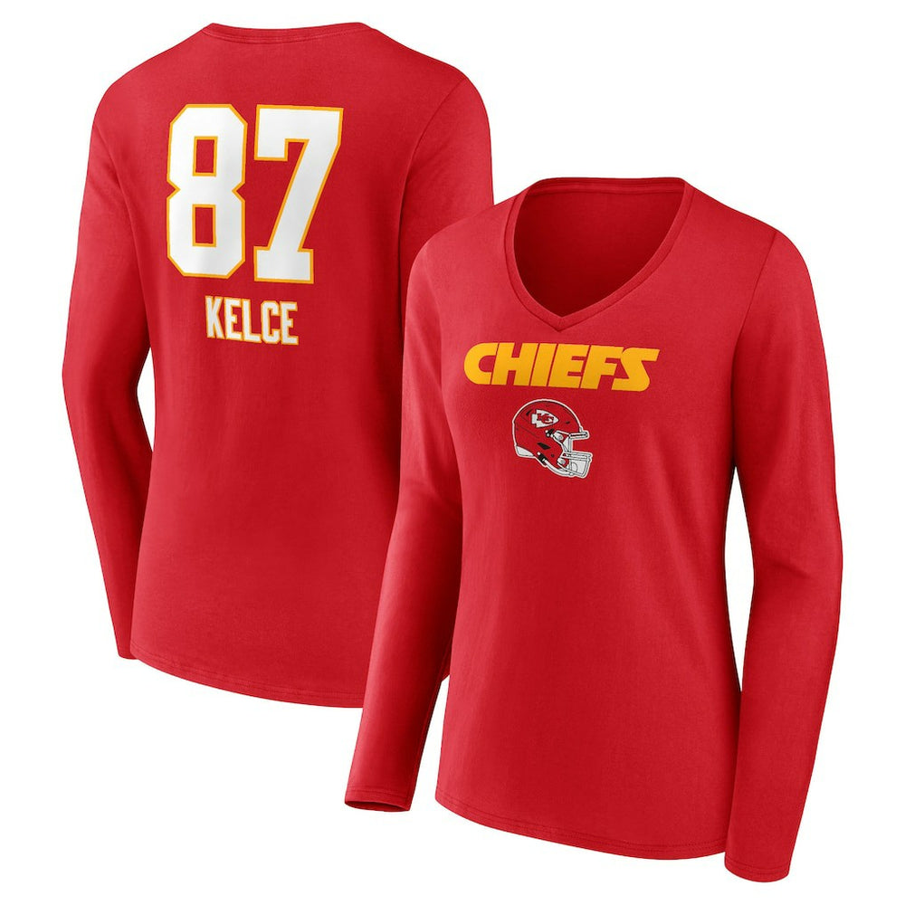 Travis Kelce Kansas City Chiefs Women's Team Wordmark Player Name & Number Long Sleeve V-Neck T-Shirt - Red T-shirts