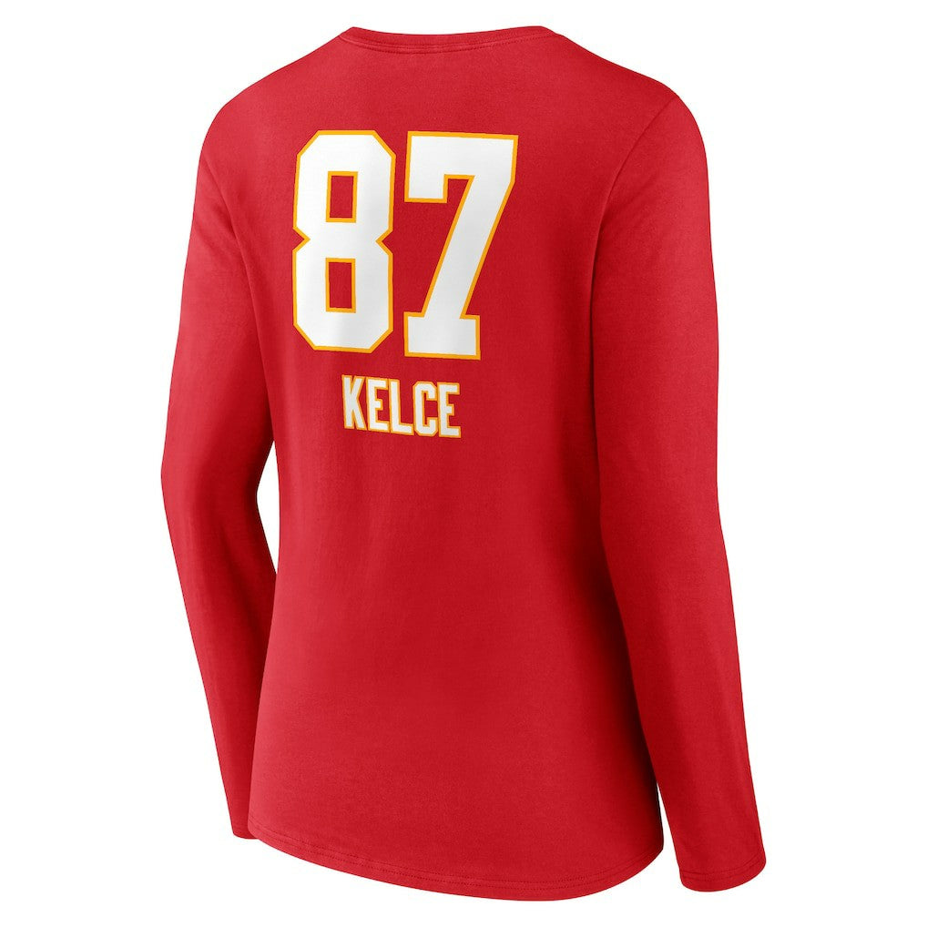 Travis Kelce Kansas City Chiefs Women's Team Wordmark Player Name & Number Long Sleeve V-Neck T-Shirt - Red T-shirts