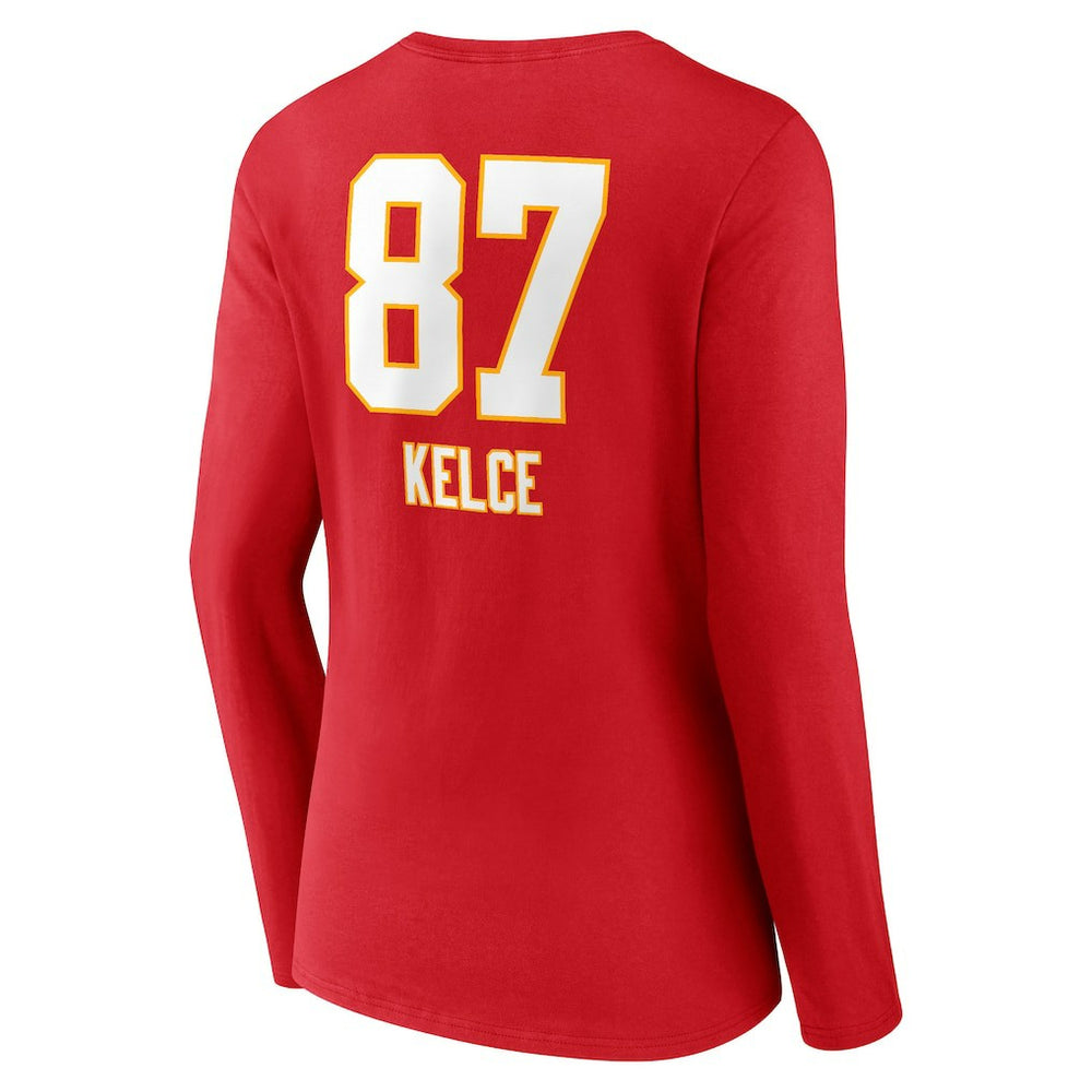 Travis Kelce Kansas City Chiefs Women's Team Wordmark Player Name & Number Long Sleeve V-Neck T-Shirt - Red T-shirts