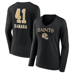 Alvin Kamara New Orleans Saints Women's Team Wordmark Player Name & Number Long Sleeve V-Neck T-Shirt - Black T-shirts