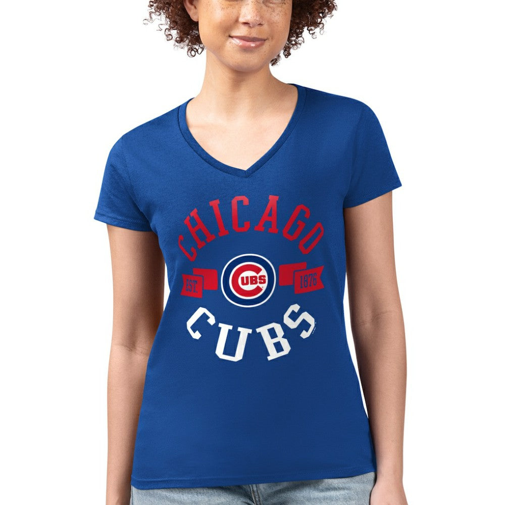 Chicago Cubs G-III 4Her by Carl Banks Women's Super-Slim Fit Lightweight City Graphic V-Neck T-Shirt - Royal T-shirts