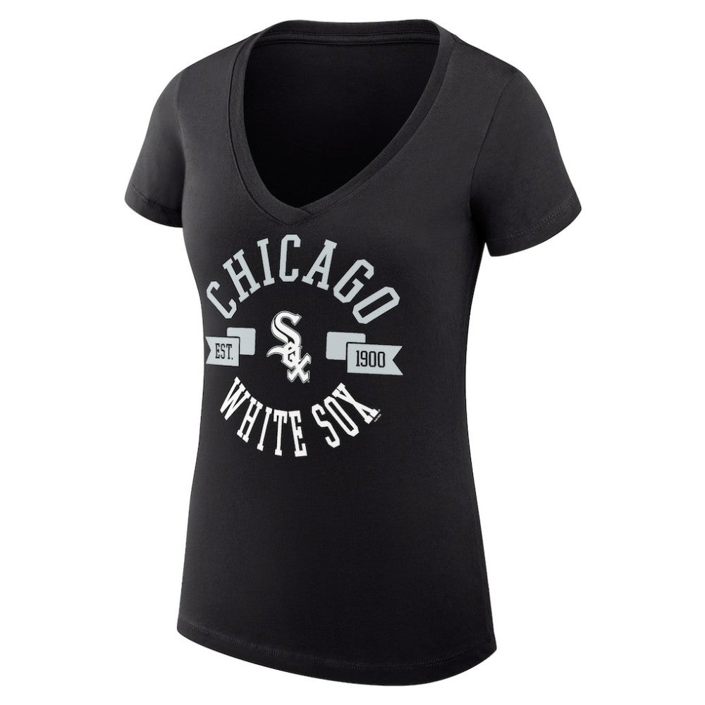 Chicago White Sox G-III 4Her by Carl Banks Women's Super-Slim Fit Lightweight City Graphic V-Neck T-Shirt - Black T-shirts