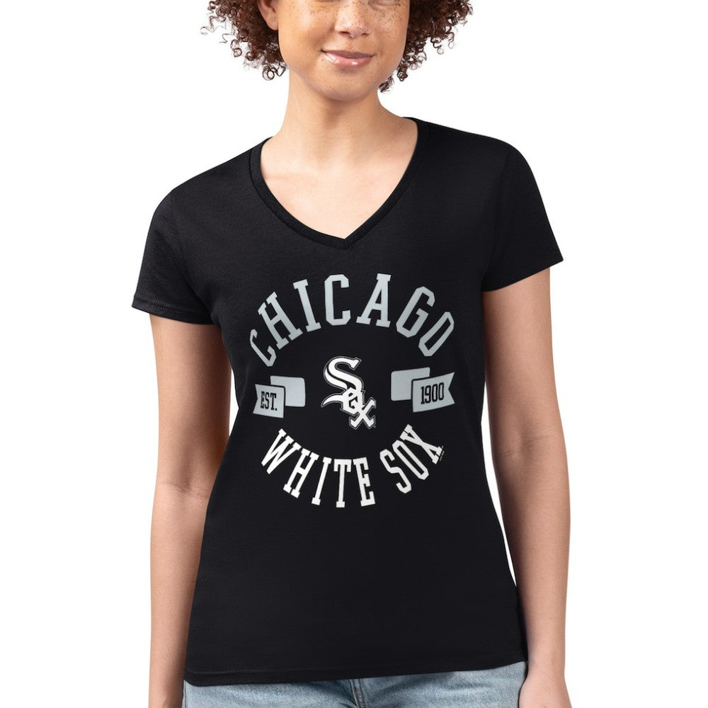 Chicago White Sox G-III 4Her by Carl Banks Women's Super-Slim Fit Lightweight City Graphic V-Neck T-Shirt - Black T-shirts