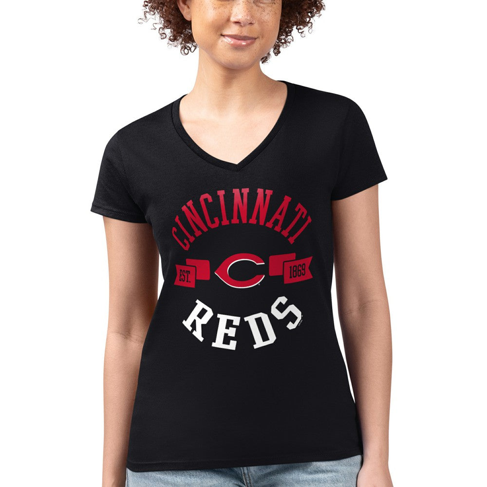 Cincinnati Reds G-III 4Her by Carl Banks Women's Super-Slim Fit Lightweight City Graphic V-Neck T-Shirt - Black T-shirts