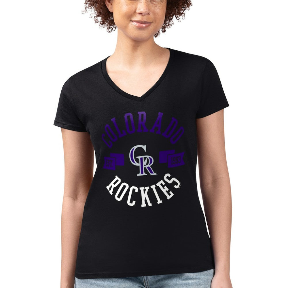Colorado Rockies G-III 4Her by Carl Banks Women's Super-Slim Fit Lightweight City Graphic V-Neck T-Shirt - Black T-shirts