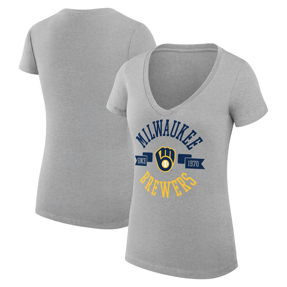 Milwaukee Brewers G-III 4Her by Carl Banks Women's Super-Slim Fit Lightweight City Graphic V-Neck T-Shirt - Heather Gray T-shirts