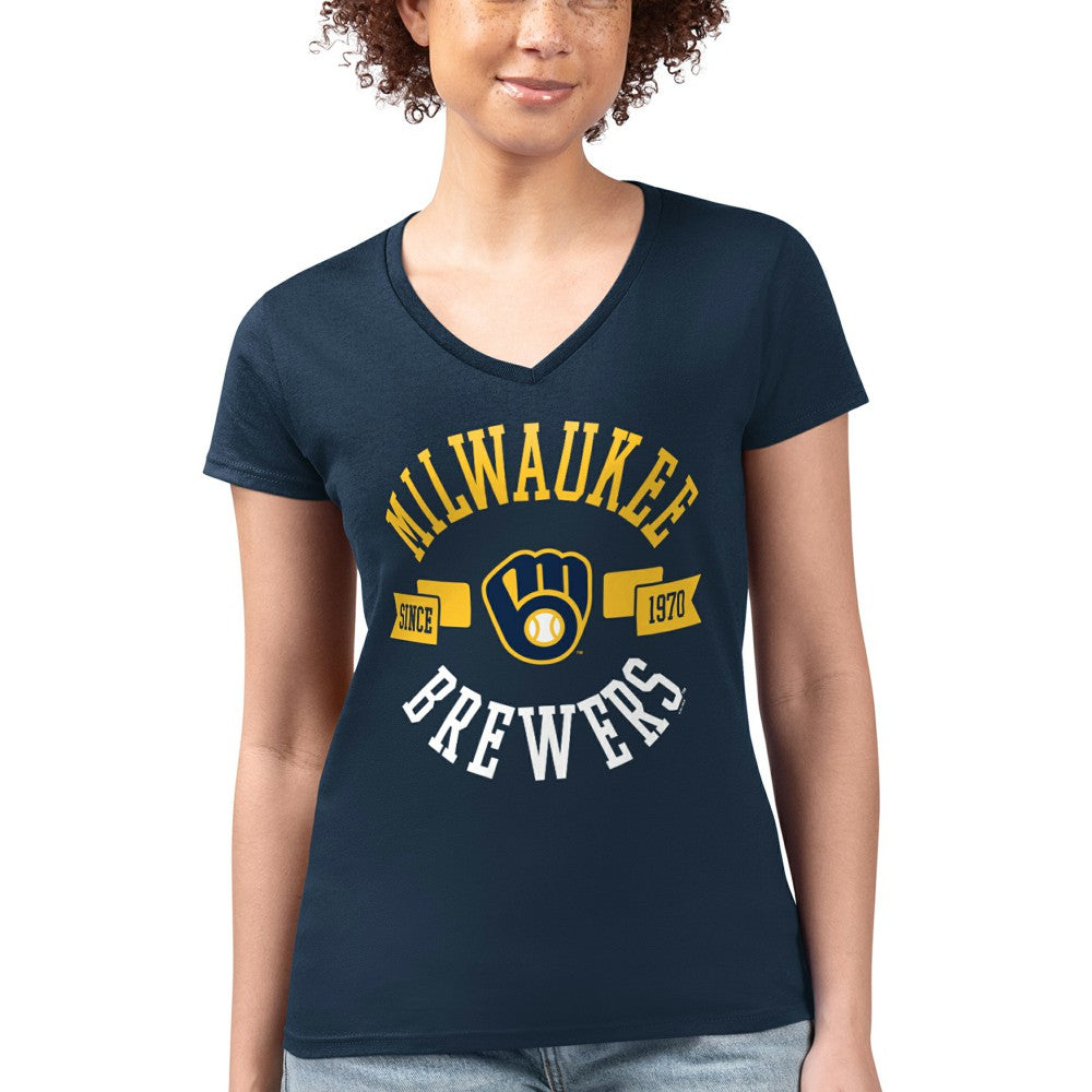 Milwaukee Brewers G-III 4Her by Carl Banks Women's Super-Slim Fit Lightweight City Graphic V-Neck T-Shirt - Navy T-shirts