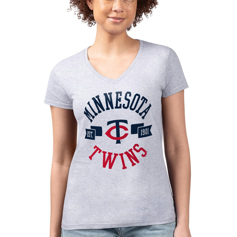 Minnesota Twins G-III 4Her by Carl Banks Women's Super-Slim Fit Lightweight City Graphic V-Neck T-Shirt - Heather Gray T-shirts