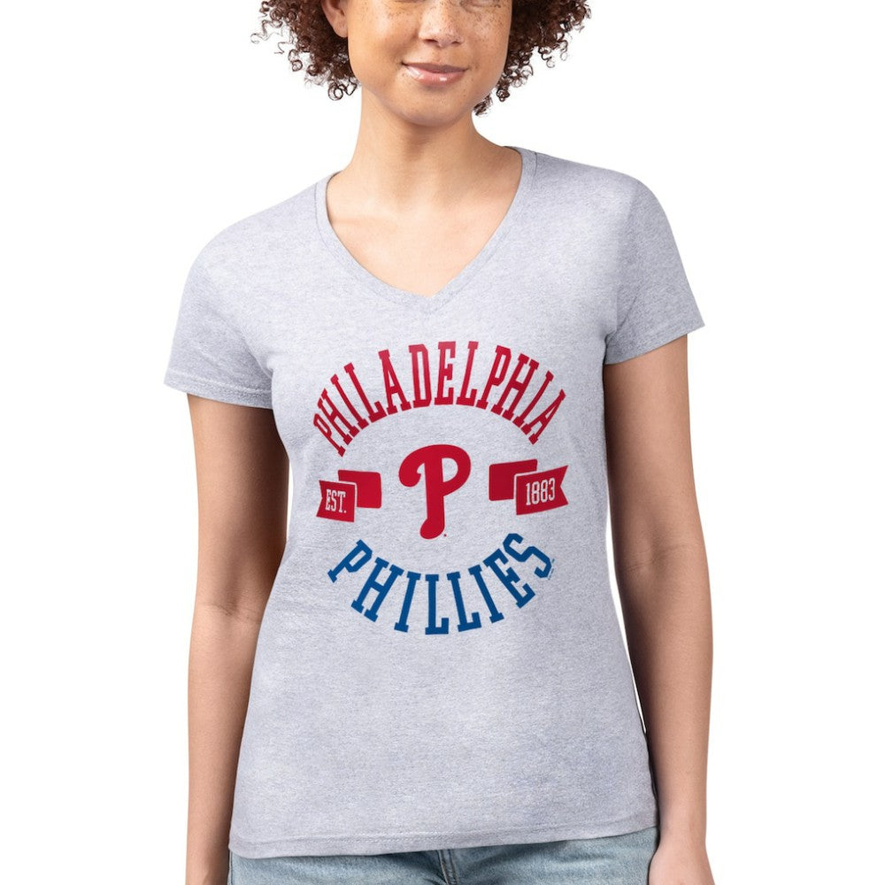 Philadelphia Phillies G-III 4Her by Carl Banks Women's Super-Slim Fit Lightweight City Graphic V-Neck T-Shirt - Heather Gray T-shirts