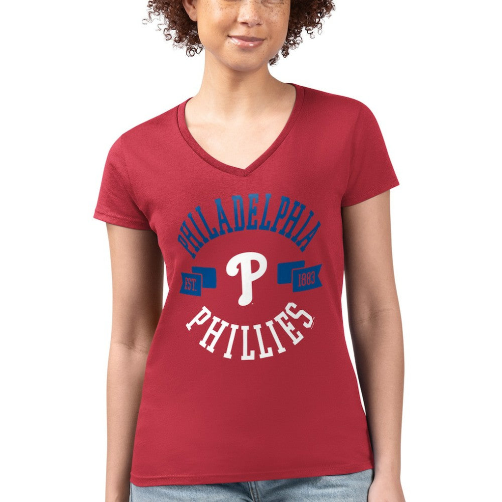 Philadelphia Phillies G-III 4Her by Carl Banks Women's Super-Slim Fit Lightweight City Graphic V-Neck T-Shirt - Red T-shirts