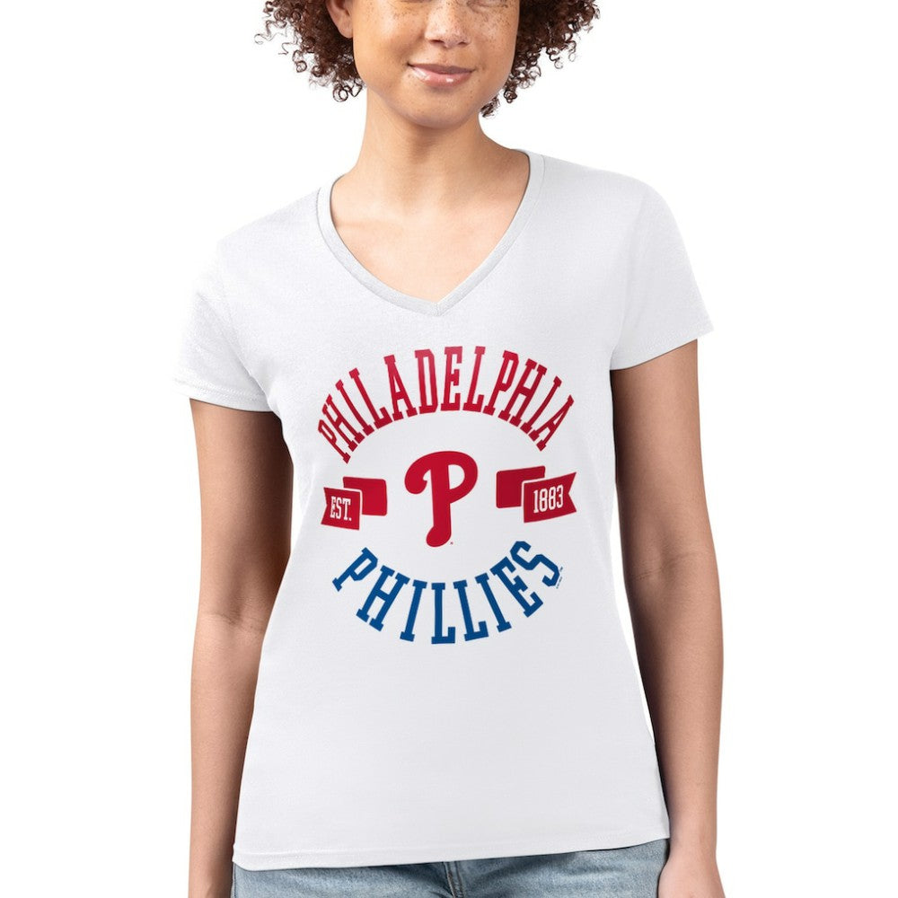 Philadelphia Phillies G-III 4Her by Carl Banks Women's Super-Slim Fit Lightweight City Graphic V-Neck T-Shirt - White T-shirts