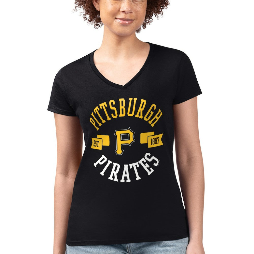 Pittsburgh Pirates G-III 4Her by Carl Banks Women's Super-Slim Fit Lightweight City Graphic V-Neck T-Shirt - Black T-shirts