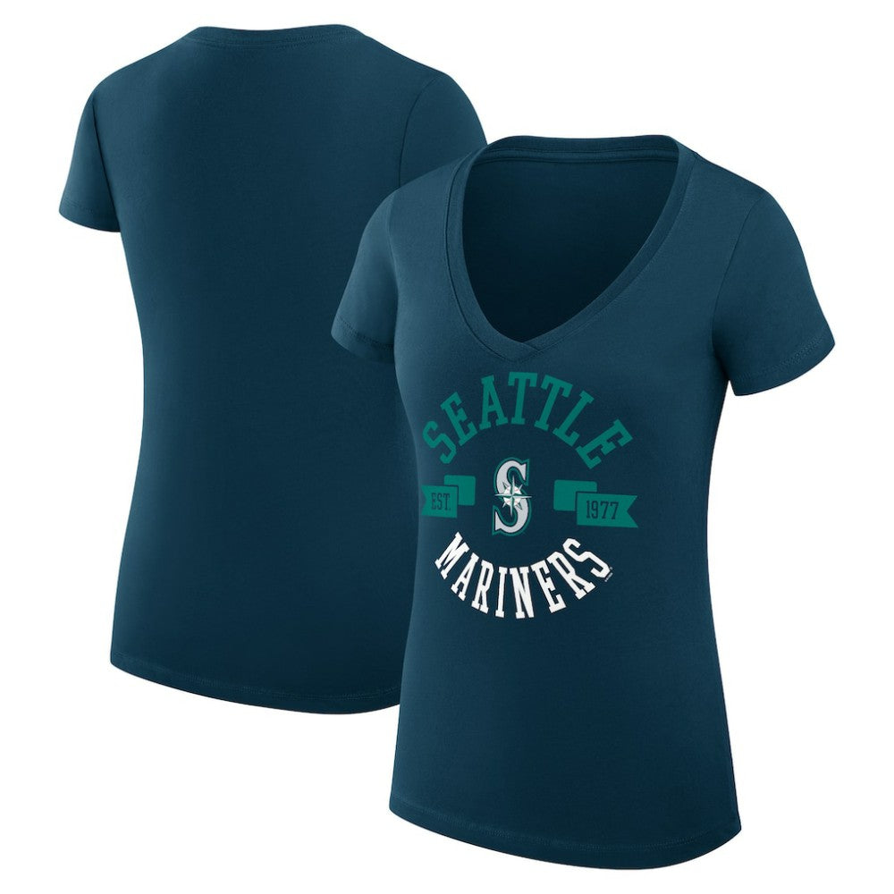 Seattle Mariners G-III 4Her by Carl Banks Women's Super-Slim Fit Lightweight City Graphic V-Neck T-Shirt - Navy T-shirts
