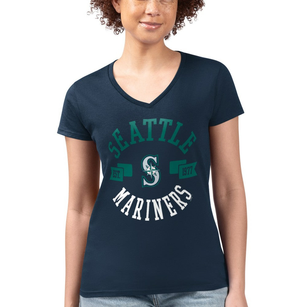 Seattle Mariners G-III 4Her by Carl Banks Women's Super-Slim Fit Lightweight City Graphic V-Neck T-Shirt - Navy T-shirts