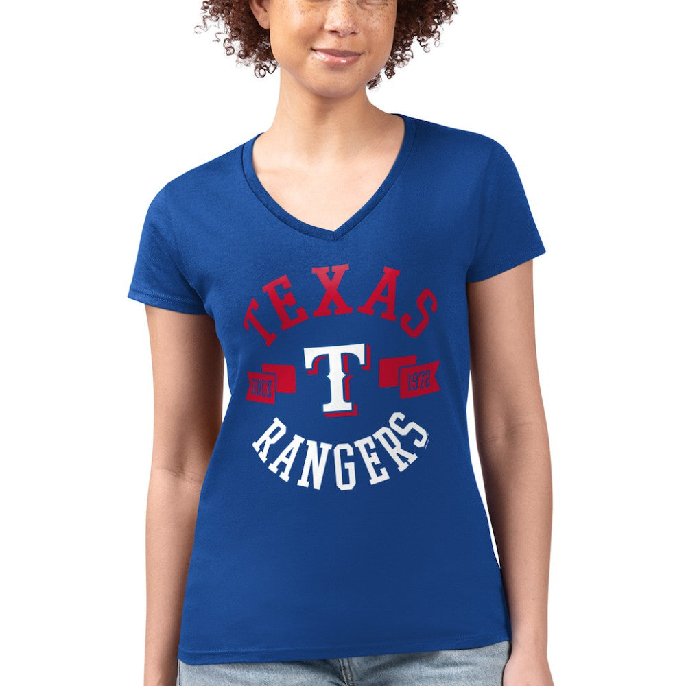 Texas Rangers G-III 4Her by Carl Banks Women's Super-Slim Fit Lightweight City Graphic V-Neck T-Shirt - Royal T-shirts