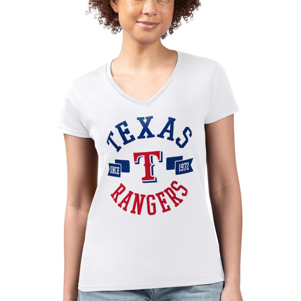 Texas Rangers G-III 4Her by Carl Banks Women's Super-Slim Fit Lightweight City Graphic V-Neck T-Shirt - White T-shirts