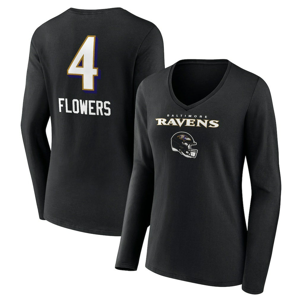 Zay Flowers Baltimore Ravens Women's Team Wordmark Player Name & Number Long Sleeve V-Neck T-Shirt - Black T-shirts