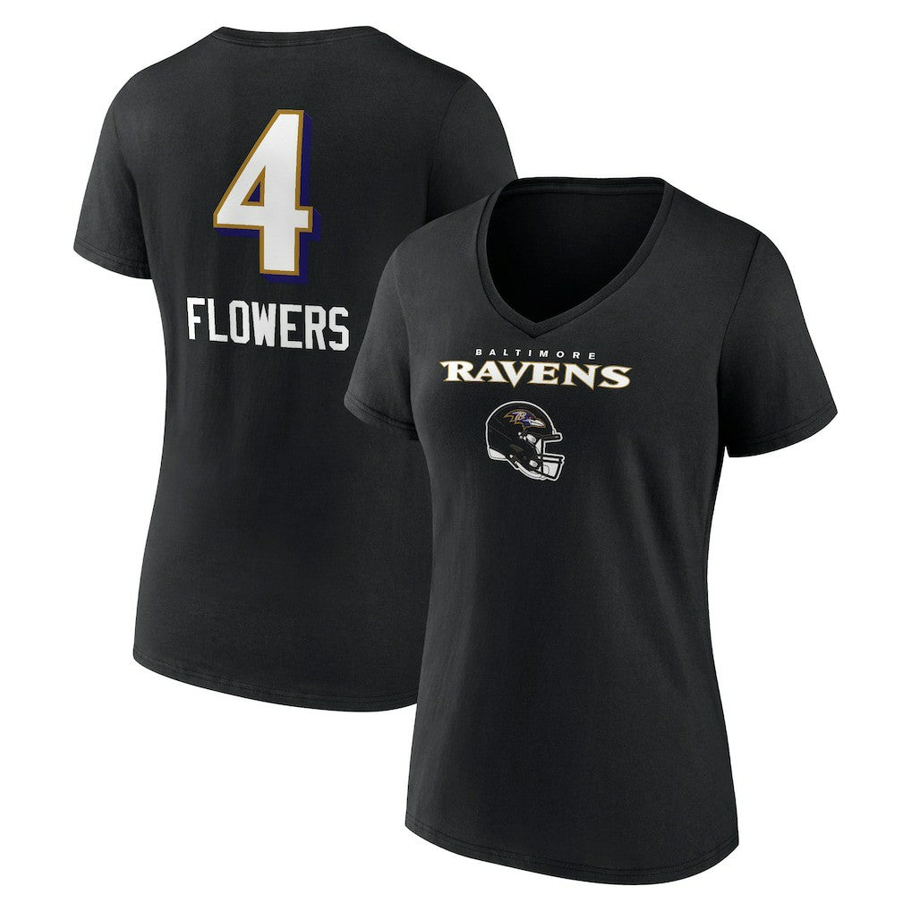 Zay Flowers Baltimore Ravens Women's Team Wordmark Player Name & Number V-Neck T-Shirt - Black T-shirts
