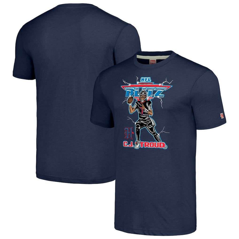C.J. Stroud Houston Texans Homage Unisex NFL Blitz Player Tri-Blend T-Shirt - Heathered Navy T-shirts