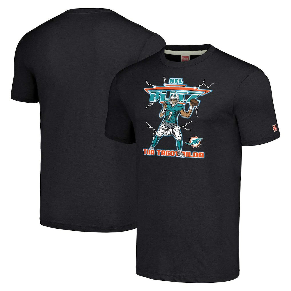 Tua Tagovailoa Miami Dolphins Homage Unisex NFL Blitz Player Tri-Blend T-Shirt - Heathered Heather Black T-shirts