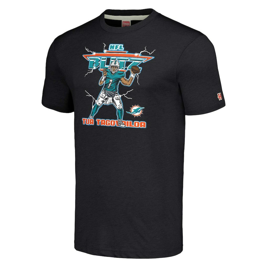 Tua Tagovailoa Miami Dolphins Homage Unisex NFL Blitz Player Tri-Blend T-Shirt - Heathered Heather Black T-shirts