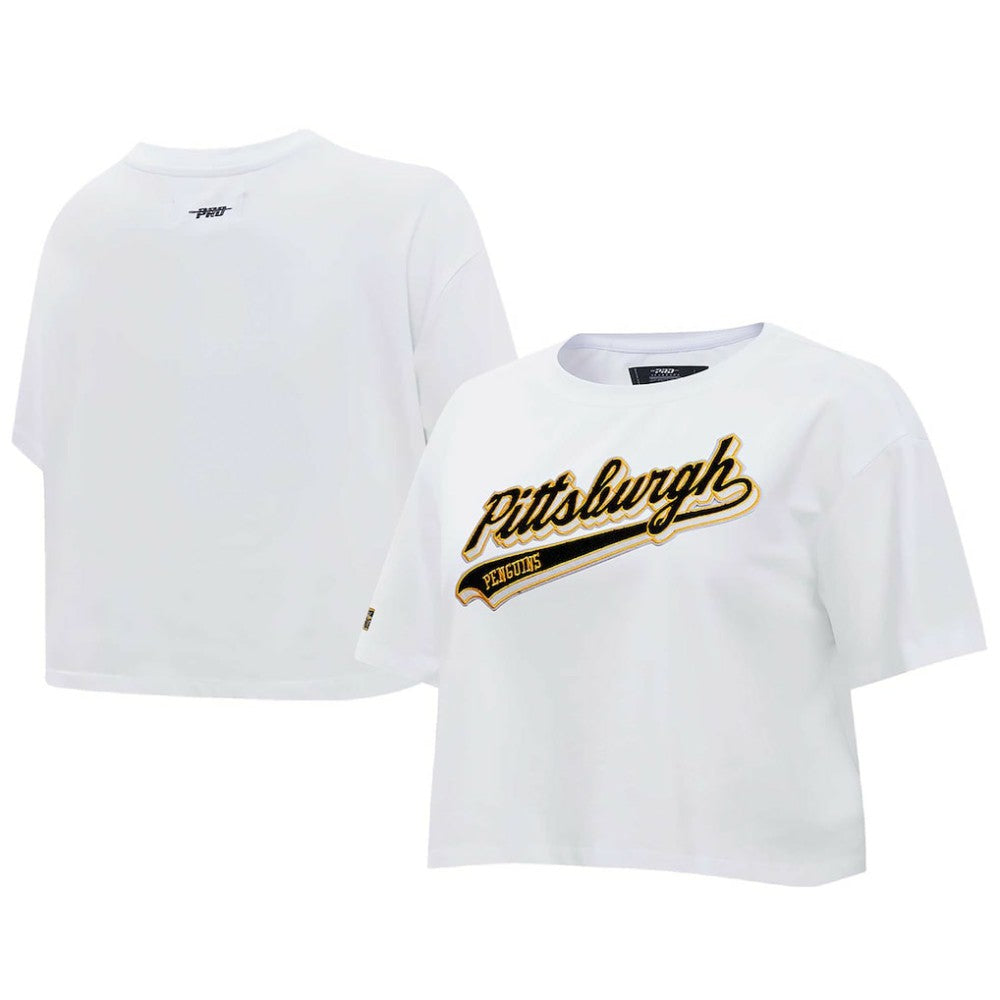 Pittsburgh Penguins Pro Standard Women's Boxy Script Tail Cropped T-Shirt - White | US 200723736