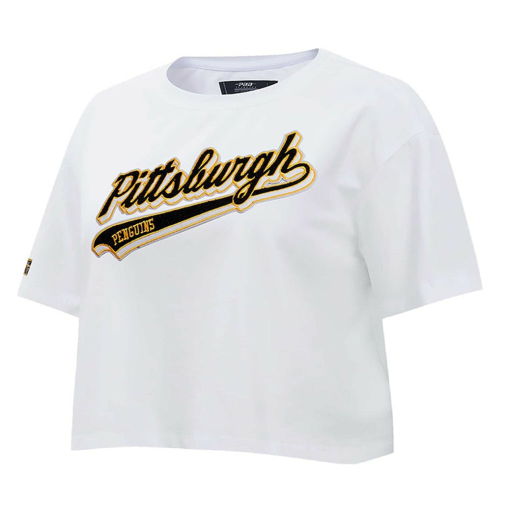 Pittsburgh Penguins Pro Standard Women's Boxy Script Tail Cropped T-Shirt - White | US 200723736