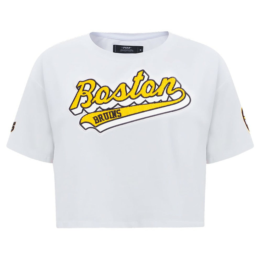 Boston Bruins Pro Standard Women's Boxy Script Tail Cropped T-Shirt - White | US 200723741