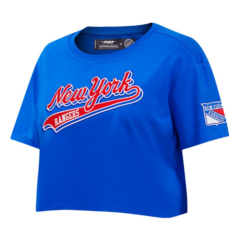 New York Rangers Pro Standard Women's Boxy Script Tail Cropped T-Shirt - Blue | US 200723744