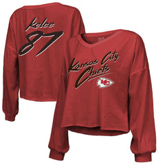 Travis Kelce Kansas City Chiefs Majestic Threads Women's Name & Number Off-Shoulder Script Cropped Long Sleeve V-Neck T-Shirt - Red T-shirts