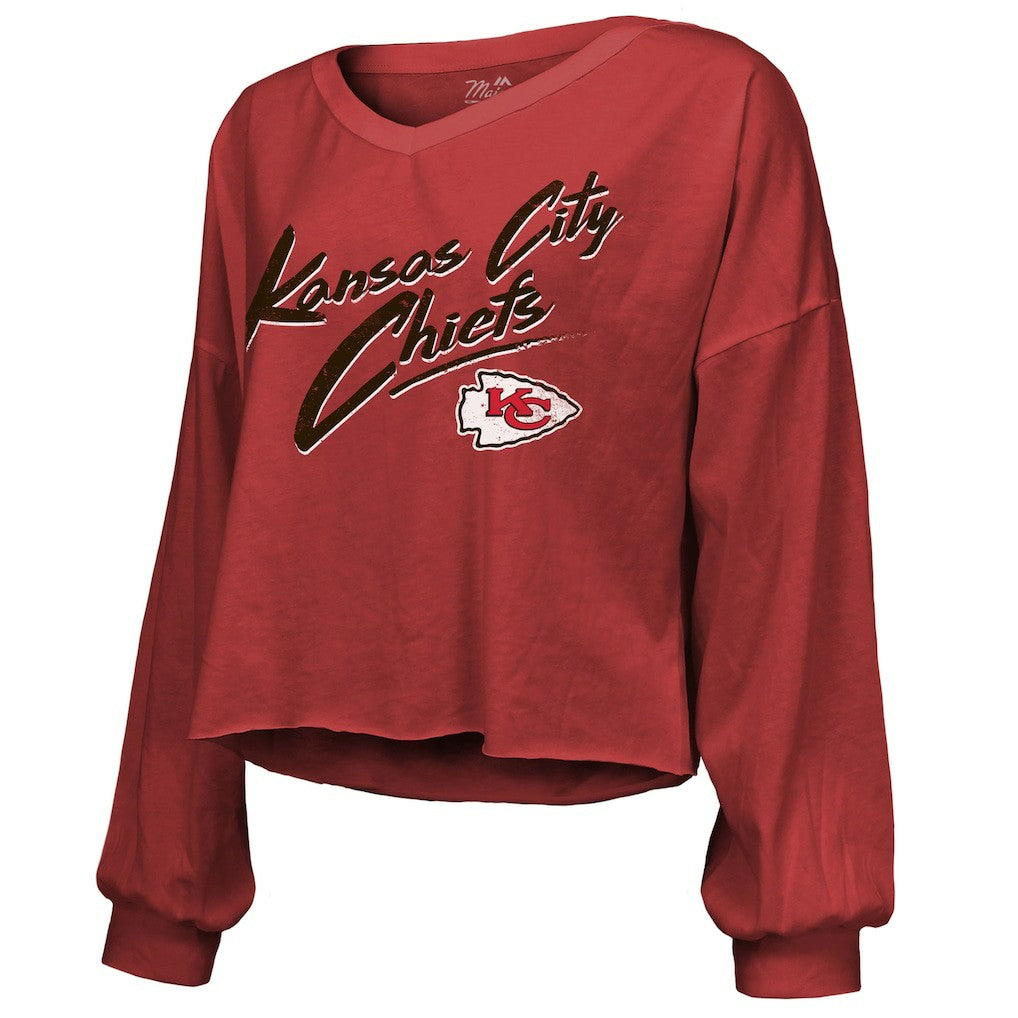 Travis Kelce Kansas City Chiefs Majestic Threads Women's Name & Number Off-Shoulder Script Cropped Long Sleeve V-Neck T-Shirt - Red T-shirts