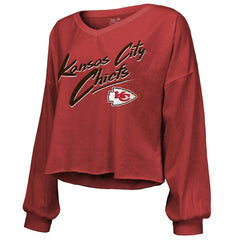 Travis Kelce Kansas City Chiefs Majestic Threads Women's Name & Number Off-Shoulder Script Cropped Long Sleeve V-Neck T-Shirt - Red T-shirts