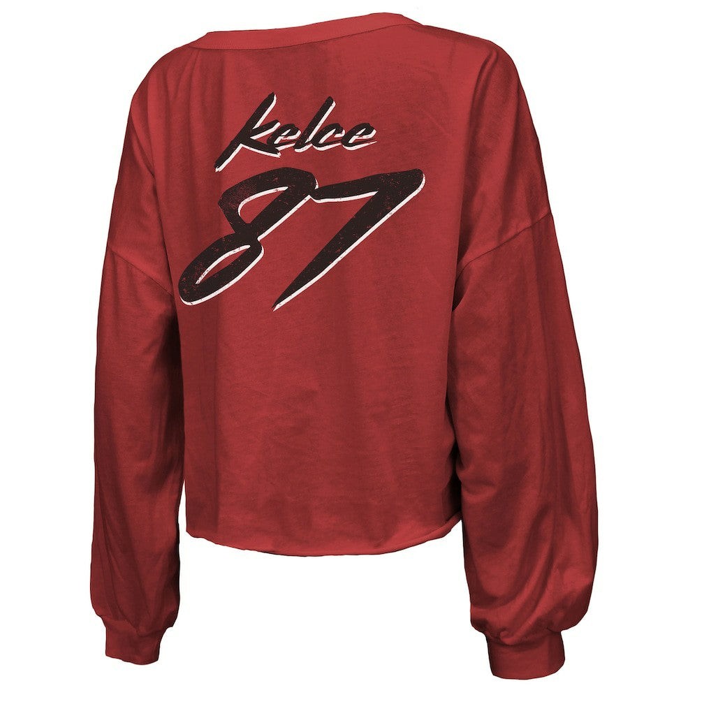 Travis Kelce Kansas City Chiefs Majestic Threads Women's Name & Number Off-Shoulder Script Cropped Long Sleeve V-Neck T-Shirt - Red T-shirts