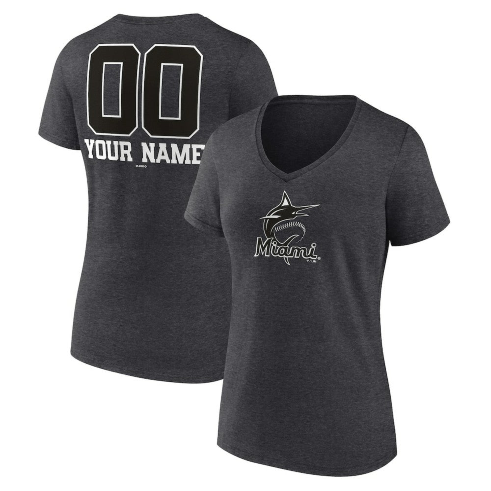 Miami Marlins Women's Personalized Monochrome Name & Number V-Neck T-Shirt - Charcoal T-shirts