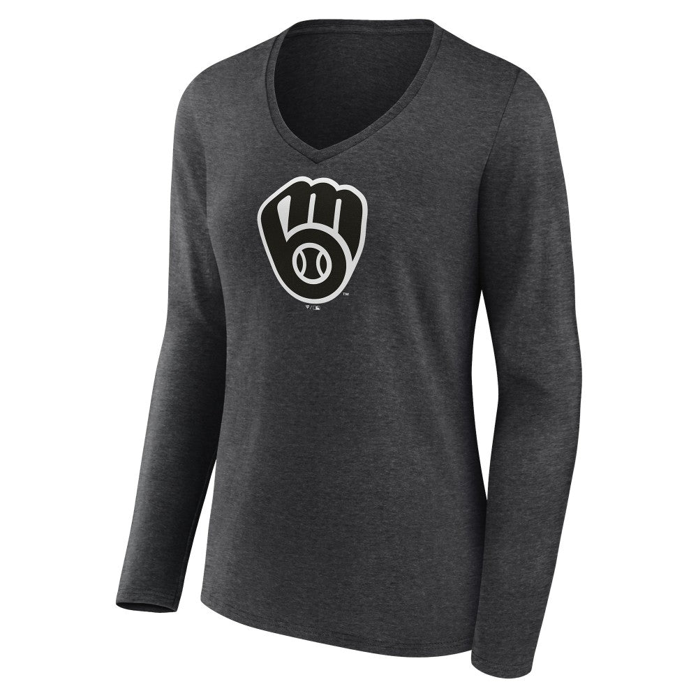 Milwaukee Brewers Women's Personalized Monochrome Name & Number Long Sleeve V-Neck T-Shirt - Charcoal T-shirts