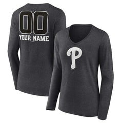 Philadelphia Phillies Women's Personalized Monochrome Name & Number Long Sleeve V-Neck T-Shirt - Charcoal T-shirts