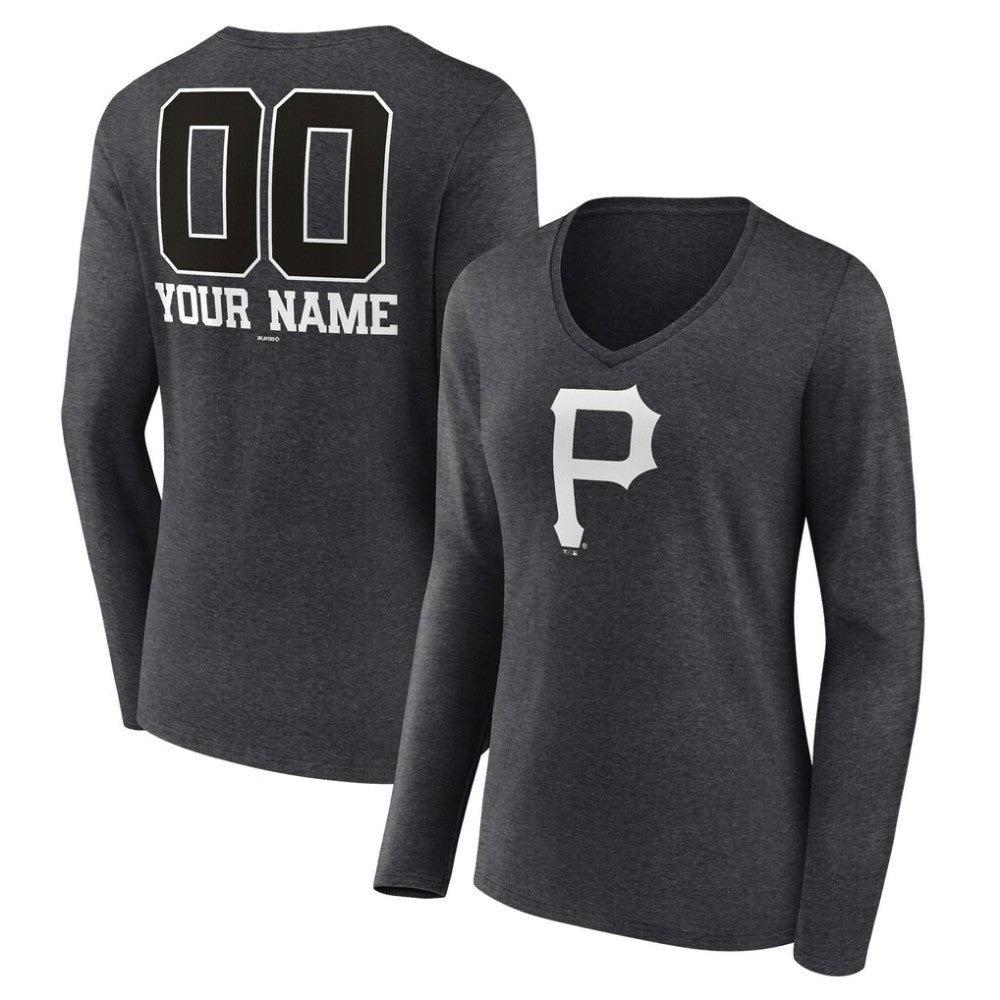 Pittsburgh Pirates Women's Personalized Monochrome Name & Number Long Sleeve V-Neck T-Shirt - Charcoal T-shirts