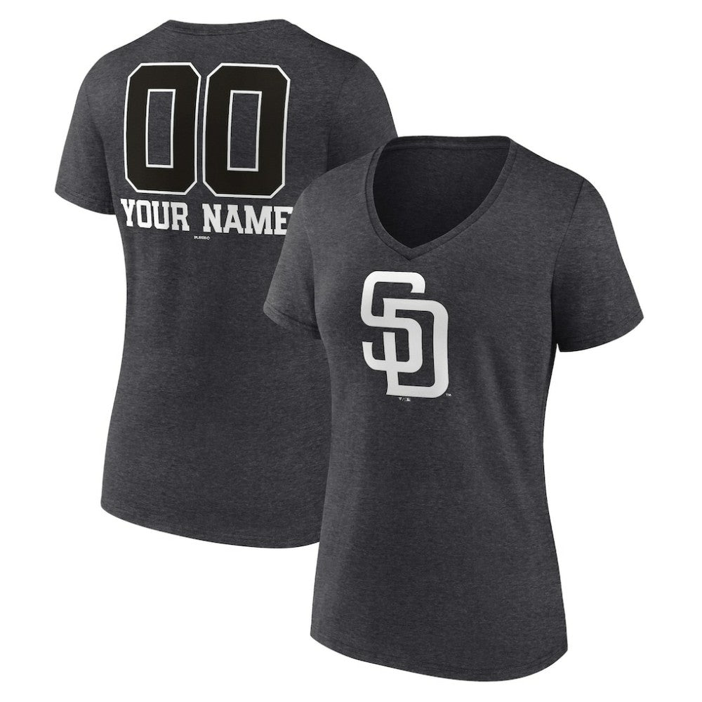 San Diego Padres Women's Personalized Monochrome Name & Number V-Neck T-Shirt - Charcoal T-shirts