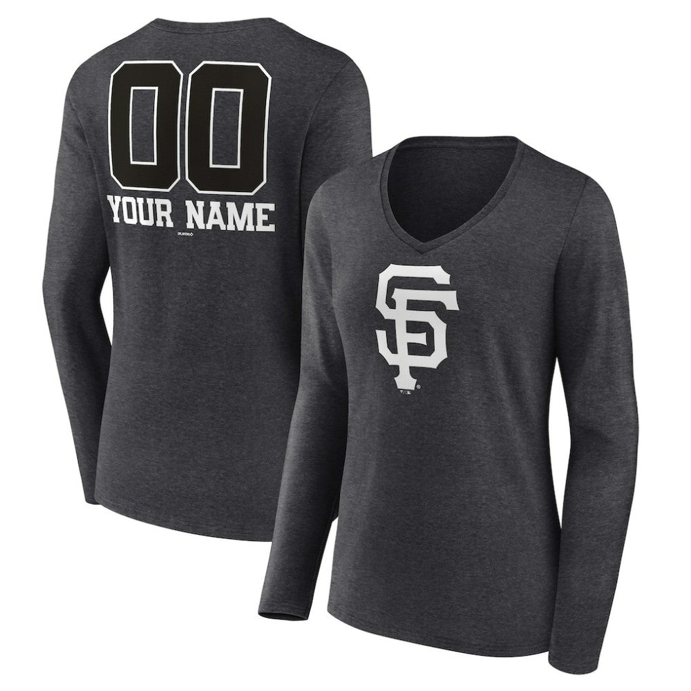 San Francisco Giants Women's Personalized Monochrome Name & Number Long Sleeve V-Neck T-Shirt - Charcoal T-shirts