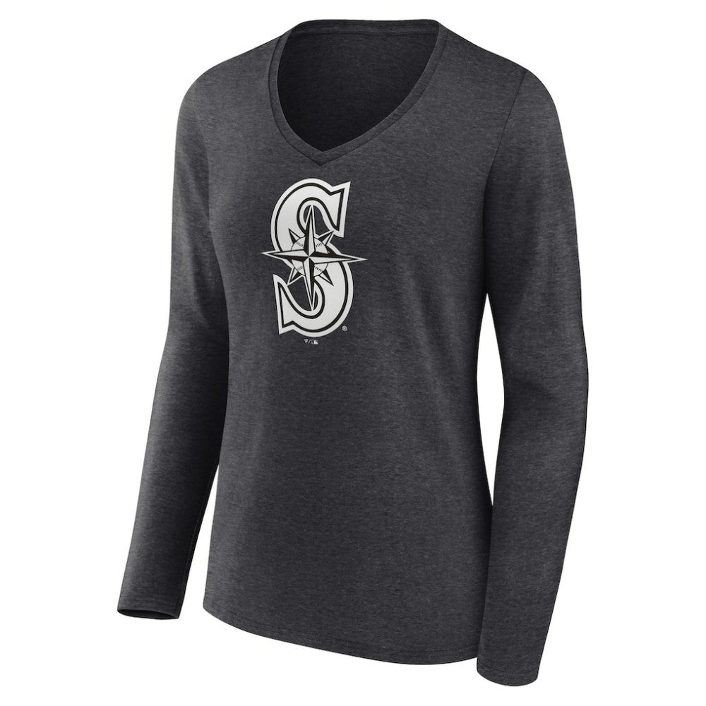 Seattle Mariners Women's Personalized Monochrome Name & Number Long Sleeve V-Neck T-Shirt - Charcoal T-shirts