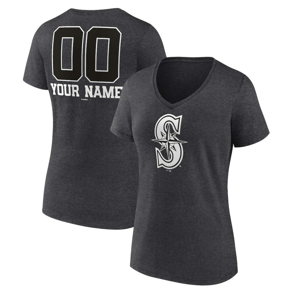 Seattle Mariners Women's Personalized Monochrome Name & Number V-Neck T-Shirt - Charcoal T-shirts