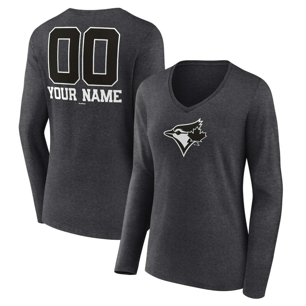 Toronto Blue Jays Women's Personalized Monochrome Name & Number Long Sleeve V-Neck T-Shirt - Charcoal T-shirts