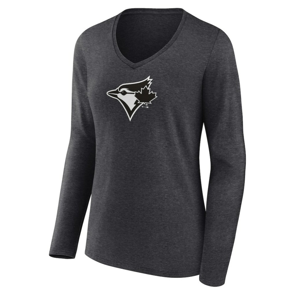 Toronto Blue Jays Women's Personalized Monochrome Name & Number Long Sleeve V-Neck T-Shirt - Charcoal T-shirts