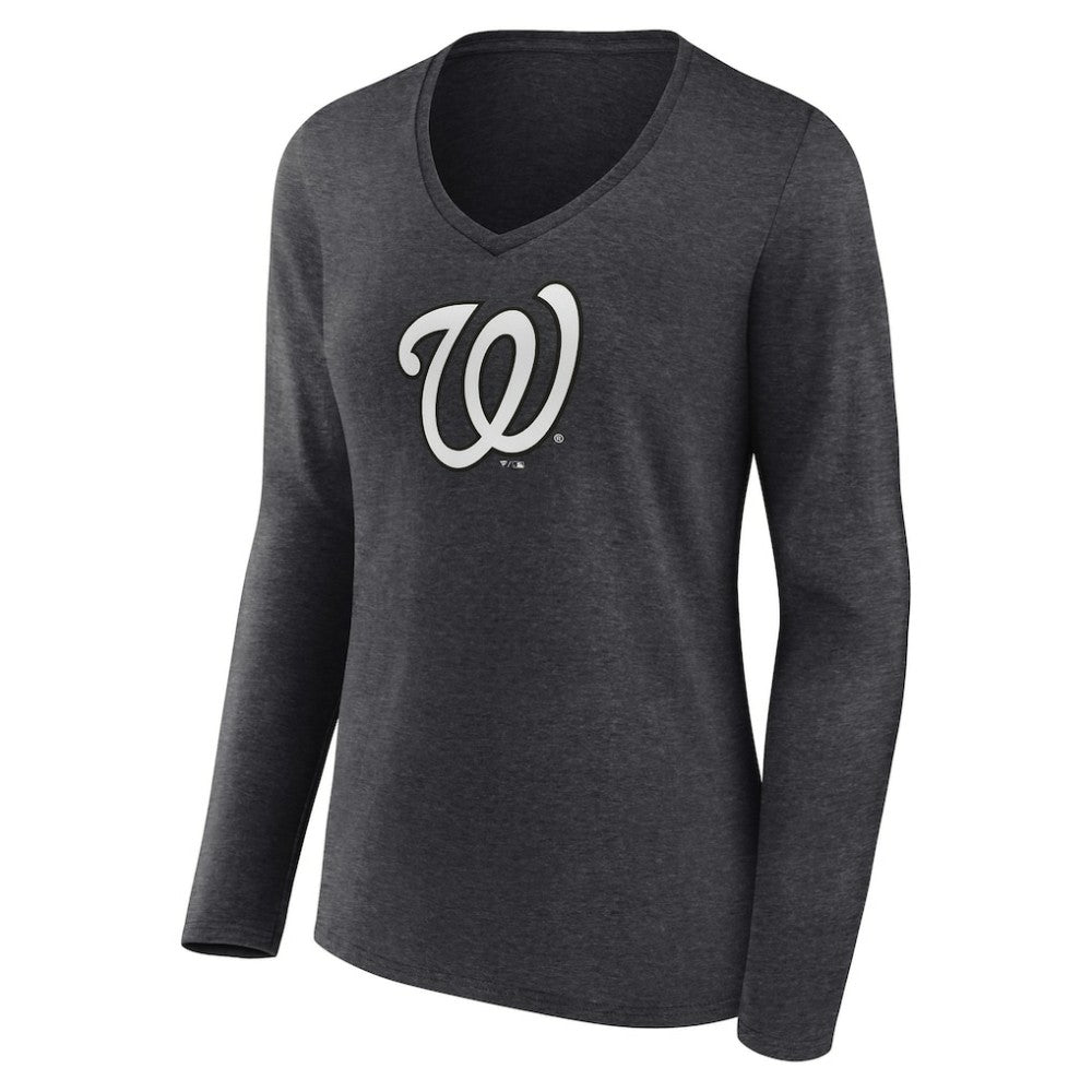Washington Nationals Women's Personalized Monochrome Name & Number Long Sleeve V-Neck T-Shirt - Charcoal T-shirts